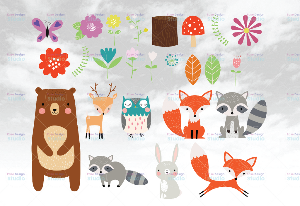 Watercolor Woodland Animals Clipart, Bear, Fox, Bunny Rabbit, Raccoon, Deer Clip Art, Spring Forest Animals Png Only Clipart Clip Art