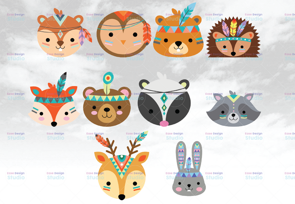 Tribal Animal Faces Clipart, Woodland Animal Faces, Nursery Printable, PRINTABLE, PNG