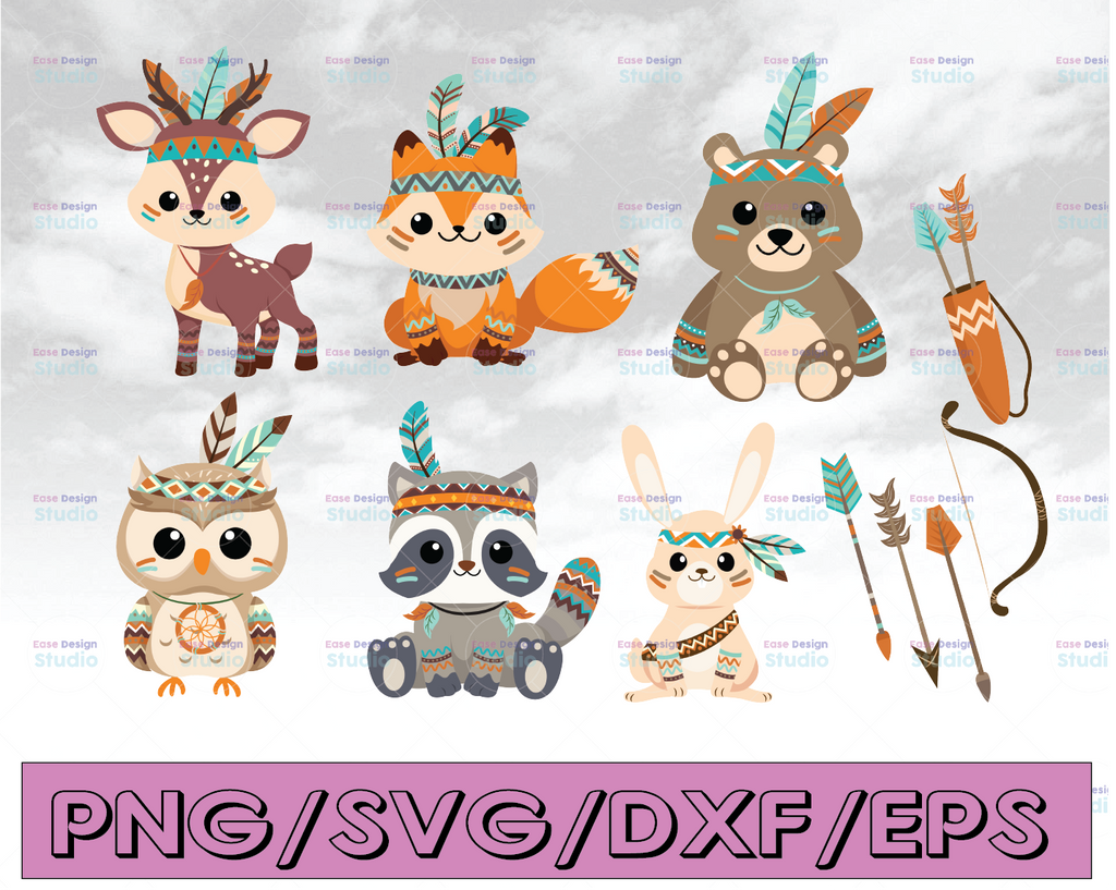 Woodland Tribal Animals Clipart - 300 DPI VectorSVG PNG & JPG Files - Cute Forest Animals, Fox, Owl, Tribe Clip Art