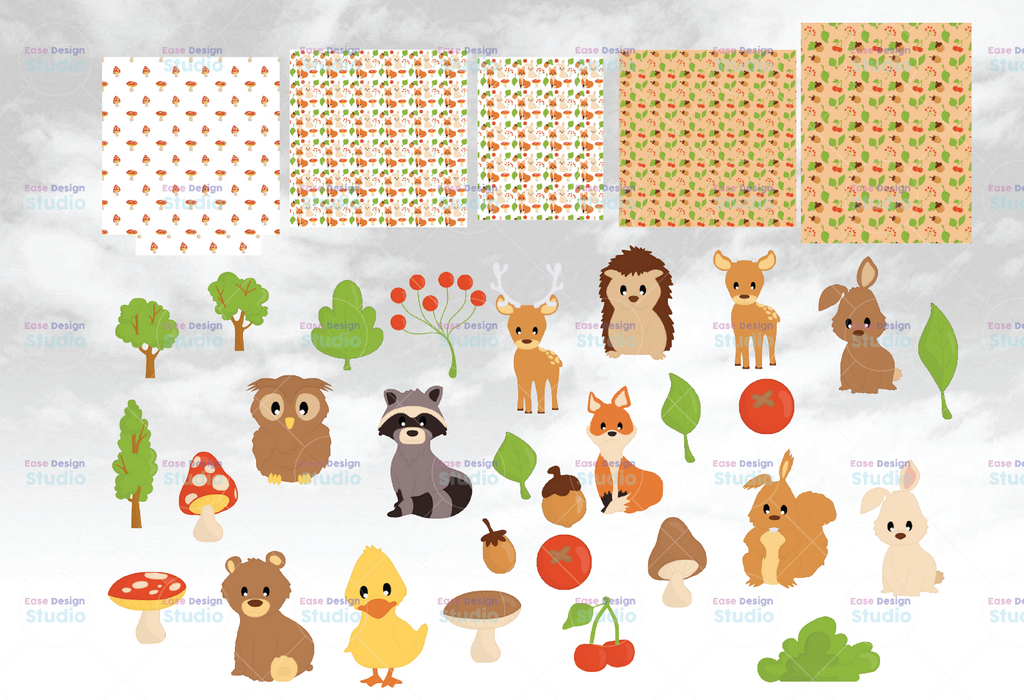 Cute Woodland Animals Digital Png, Fox, Bear, Deer, Squirrel, Forest backgrounds Png Files