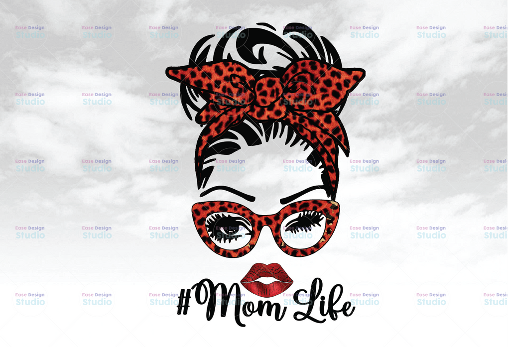Mom Life Png Girl Face Messy Bun Bandana Glasses Red Cheetah Leopard Animal Print Curly Black Hair Momlife Decal Vinyl Shirt Transfer Poster