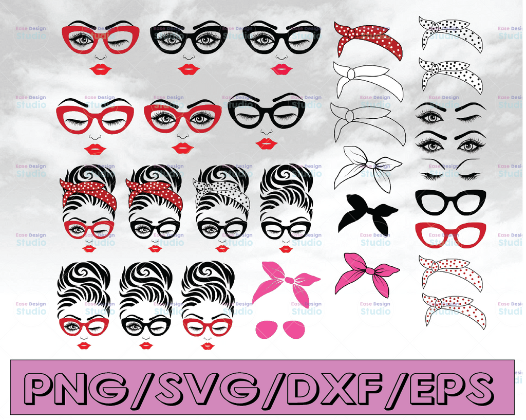 Messy Bun bandana glasses layered svg, six designs bundle, Beauty girl lady woman face lashes cut files for Cricut Silhouette, PNG, eps, dxf