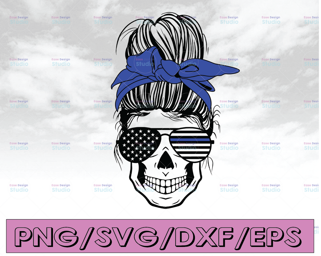 Police wife Svg Png designs downloads, skull policewife png, girl with messy hair bun with Headband Sunglasses graphics clipart