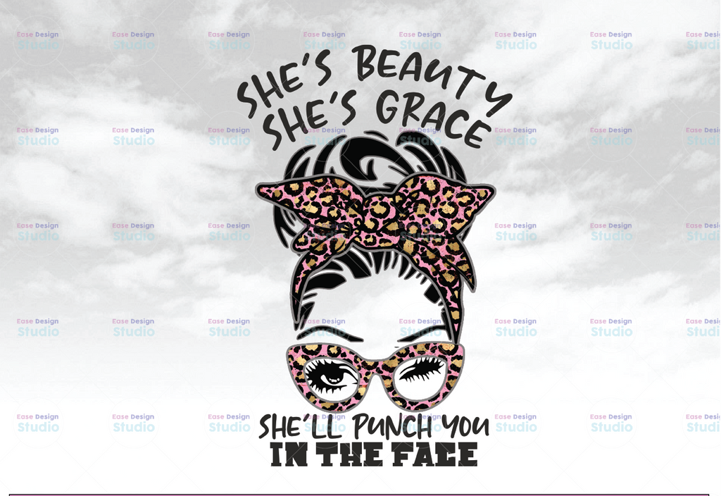 Messy Bun, She's beautiful Grace She'll punch you in the face Gift PNG Files Digital Art Pink Leopard mom life