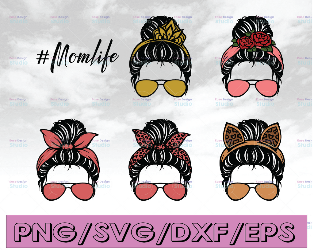 Messy Bun Leopard bandana glasses layered svg, Beautiful girl lady woman face cut file for Cricut, Silhouette, Cheetah print PNG eps, dxf