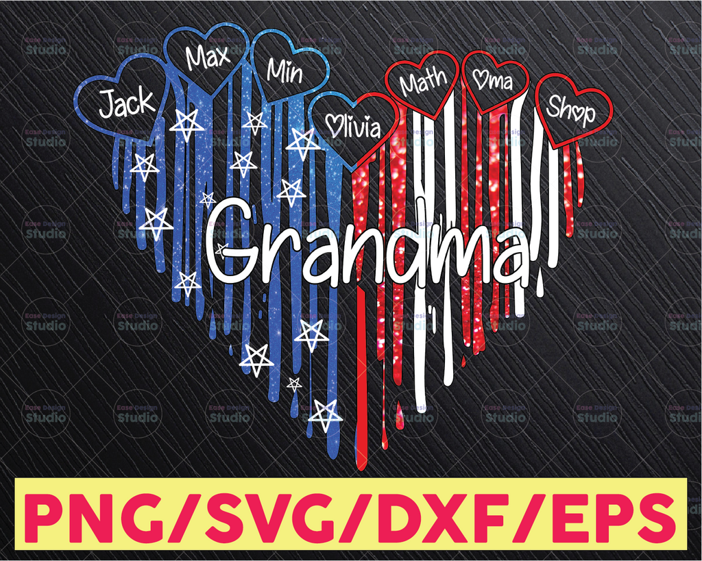 Personalized Names 4th Of July America Flag Glitter Grandma Love Heart PNG Personalized Grandma Mimi Gigi Patriotpng 4th Of July Sublimation