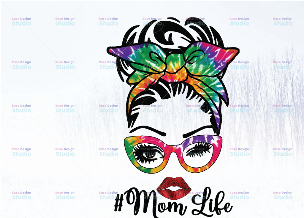 Messy Bun Mom Tie dye PNG, Mom Life, Colorful tie dye, Digital Sublimation Print or DTG, Print , PNG File