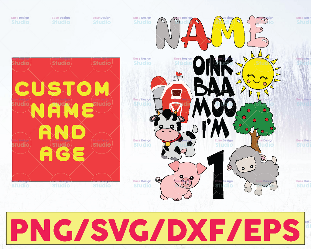 Personalized Name And Ages Oink Baa Moo Boys Girls SVG Cute Farm Animals Themed Birthday Party Short Sleeve Kids svg, dxf, Digital Download