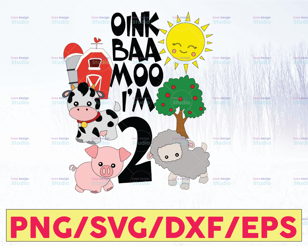 Oink Baa Moo I'm 2 Svg, Boys Girls SVG Cute Farm Animals Themed Birthday Party Short Sleeve Kids svg, dxf, Digital Download