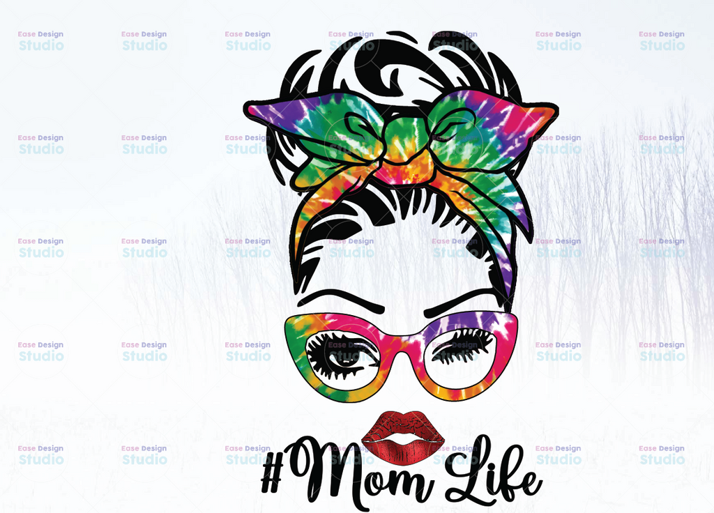 Messy Bun Mom Tie dye PNG, Mom Life, Colorful tie dye, Digital Sublimation Print or DTG, Print , PNG File