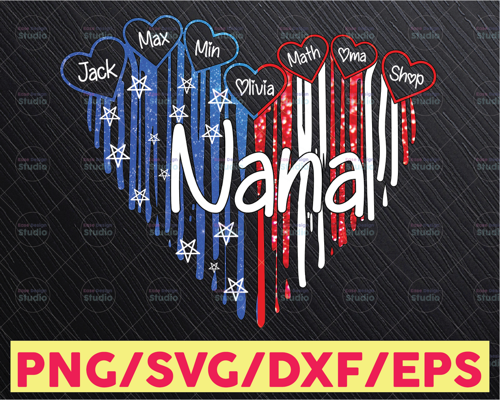 Personalized Names 4th Of July America Flag Glitter Nana Love Heart PNG Personalized, Grandma Mimi Gigi, Patriot png 4th Of July Sublimation