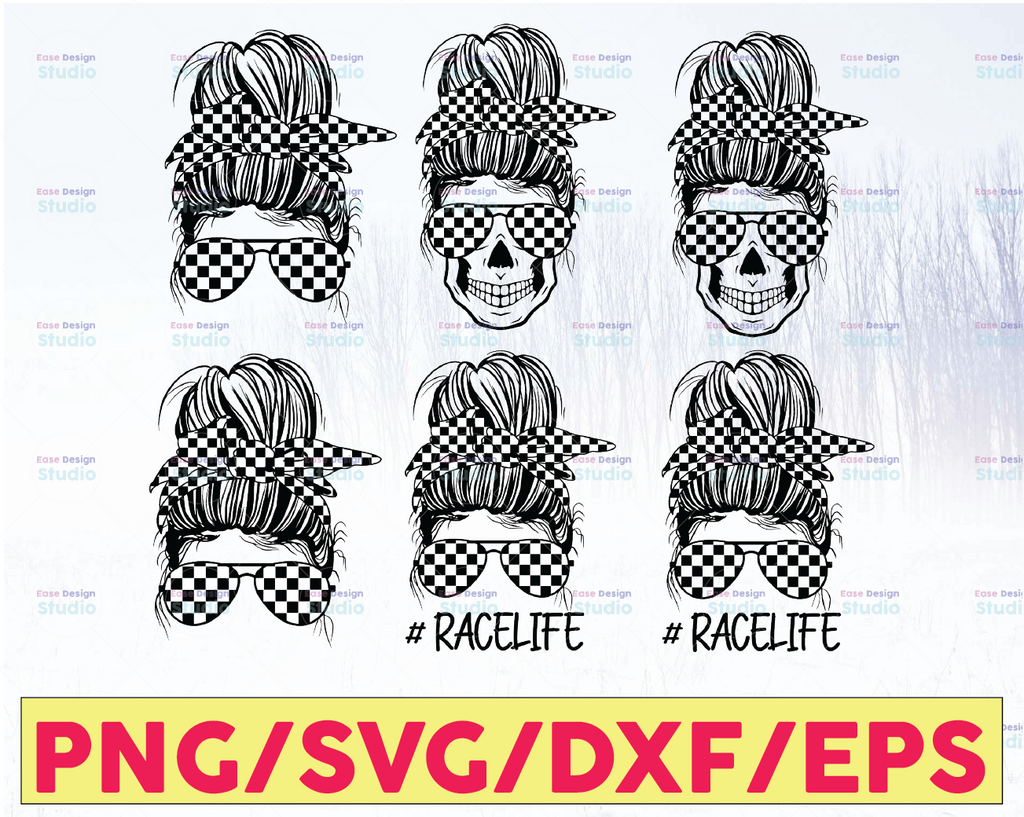 Racing Mom SVG Bundle, 6 Designs, Racelife Mom Svg, Checkered Flag Svg, Racing Life Svg, Messy Bun Racing Svg, Cricut Cut Files