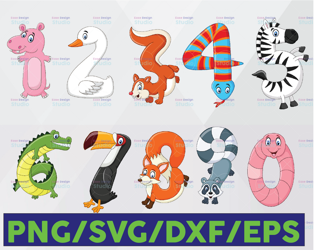 Cartoon Animals Svg, Animal Number Svg, Cartoon Number Svg, Party Number Svg, Animals Svg Bundle, Svg, Png, Eps, Dxf, Jpg, Pdf