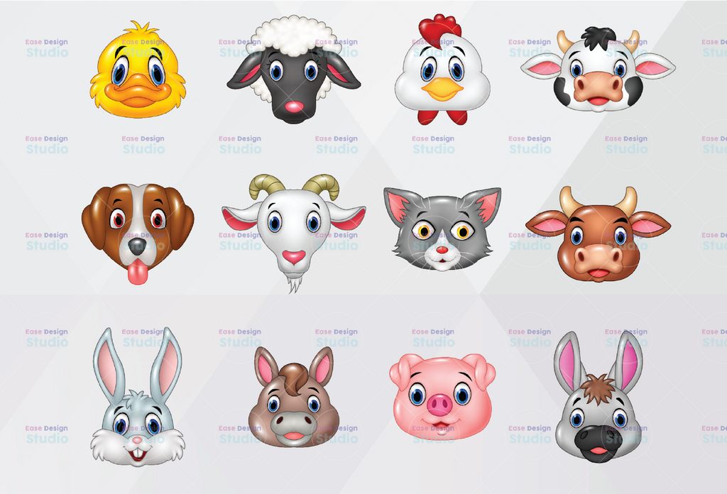 Barnyard Animal Face Bundle Png Files, farmhouse clipart, farm clip art, cow, chicken, duck, pig, sheep Png