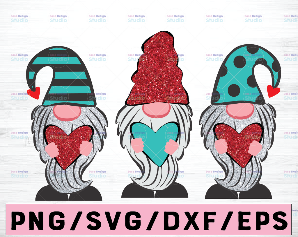 Valentines Day, Valentine gnome trio clipart, Valentine png file for sublimation printing, Valentines day clipart, glitter gnomes with heart