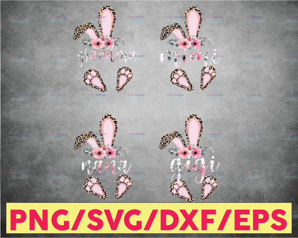 Gigi Cheetah bunny bundle PNG Easter Leopard Print ears and feet with flower Rabbit sublimation digital design Easter clipart printable