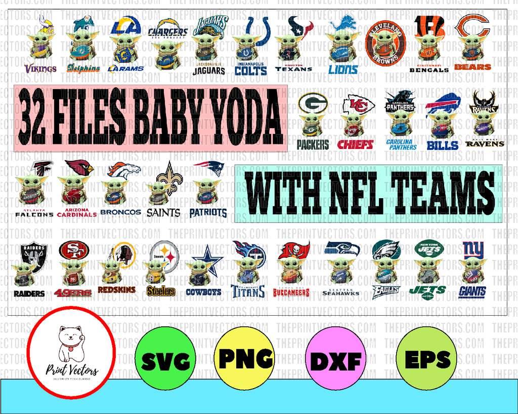 32 Files Baby Yoda with NFL Team PNG, Baby Yoda NFL png, NFL png, Sublimation ready, png files for sublimation,printing DTG printing - Sublimation design download - T-shirt design sublimation design